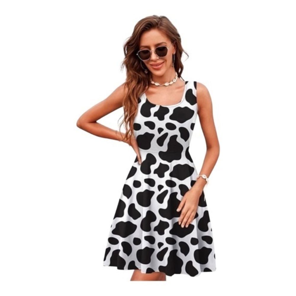 Trendy Cow Print Sleeveless Dress Summer Casual A-Line Sundress